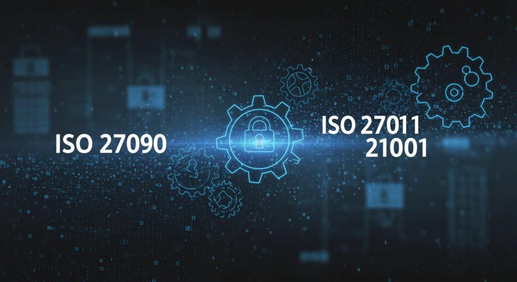 a visually compelling image portraying interconnected gears symbolizing the synergy between iso 27090 and iso 27001, against a backdrop of a digital grid representing data security and algorithmic integrity.