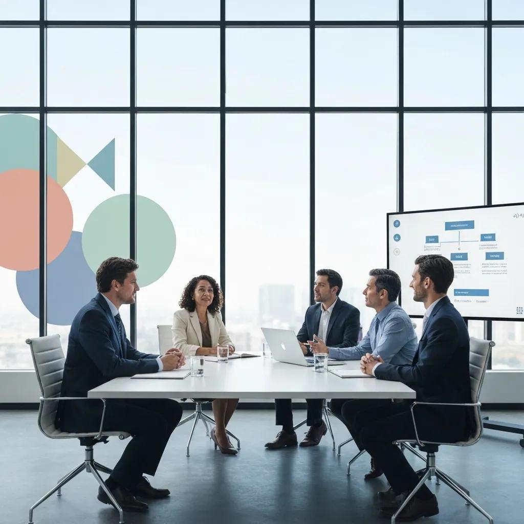 Business meeting with diverse professionals discussing Educational Organisation Management Systems, ISO 21001 implementation, and quality education strategies, with a presentation screen in a modern office setting.