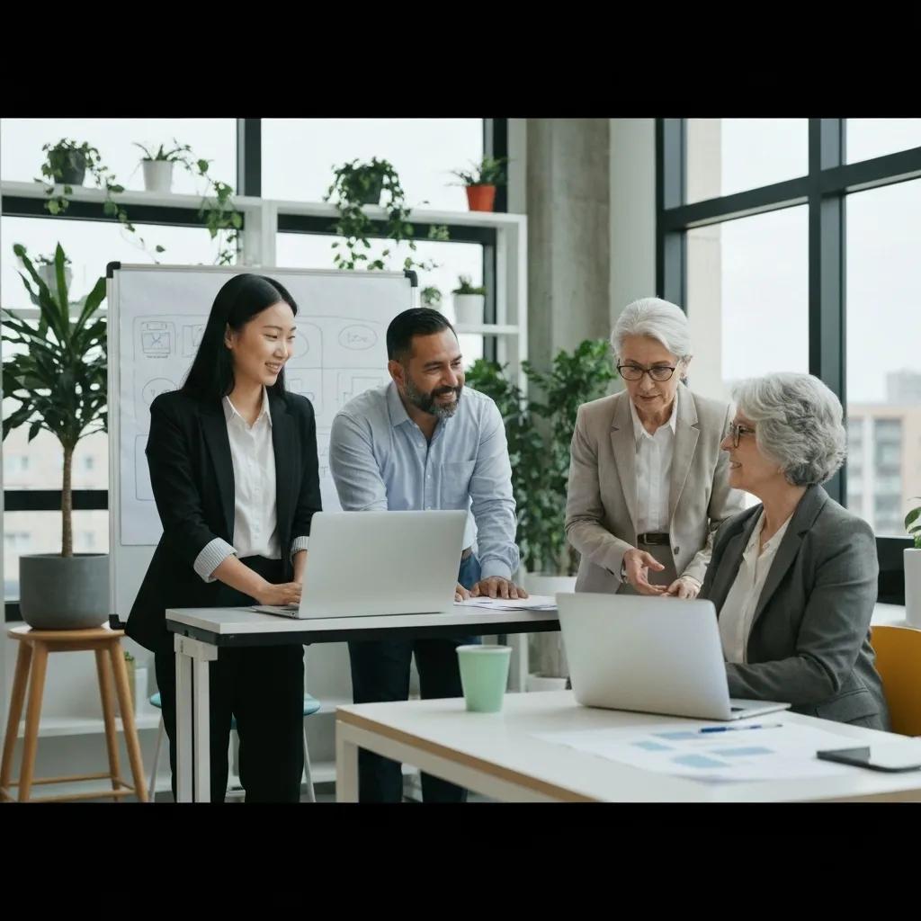 Diverse professionals collaborating in a sustainable office environment, emphasizing ISO 14001 compliance