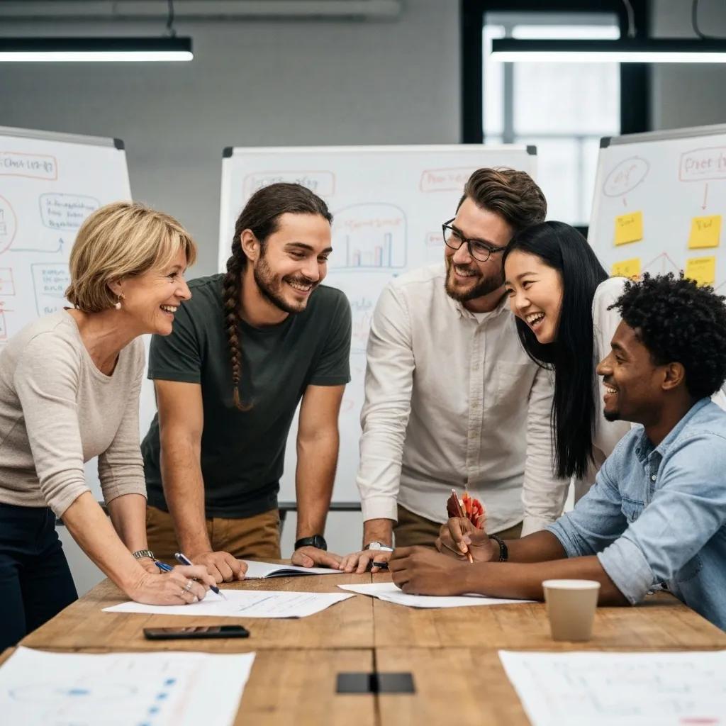 Group of diverse professionals collaborating at a table with documents, discussing strategies for ISO 21001 certification, surrounded by whiteboards with charts and notes.