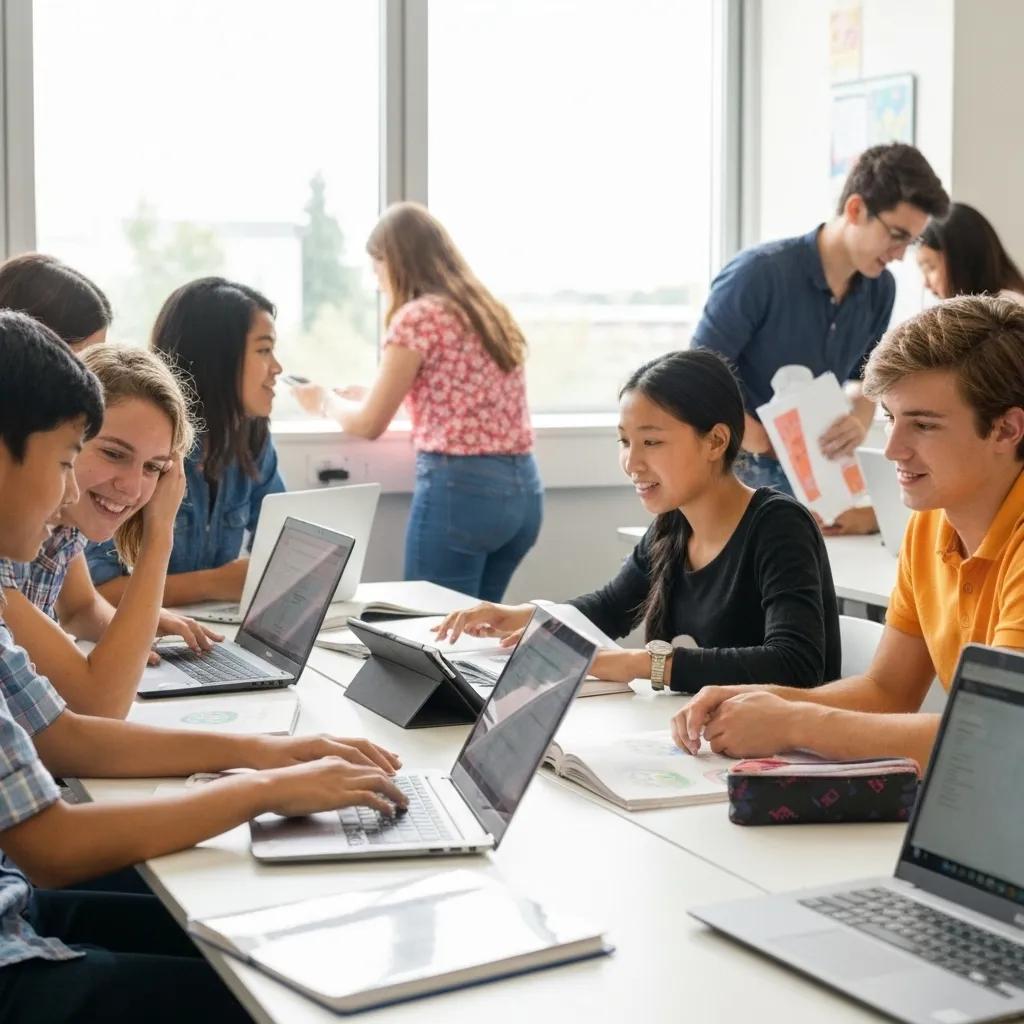 Diverse students collaborating in a modern classroom, highlighting learner satisfaction and engagement