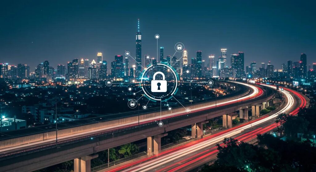 a futuristic cityscape bathed in soft twilight, showcasing resilient infrastructure with sleek smart technology elements, symbolizing the robust principles of information security and compliance in urban environments.