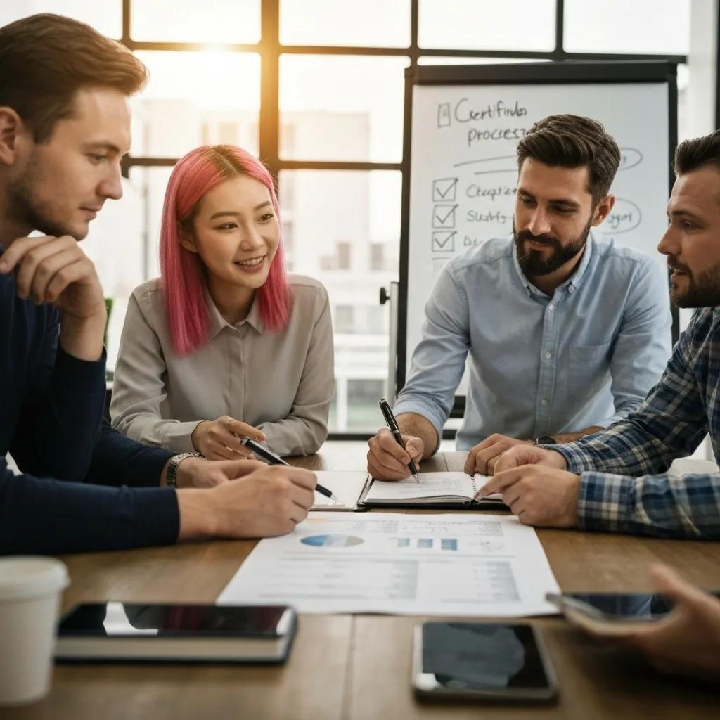 Team of professionals discussing AI governance strategies and ISO 42001 certification during a meeting, with documents and charts on the table.
