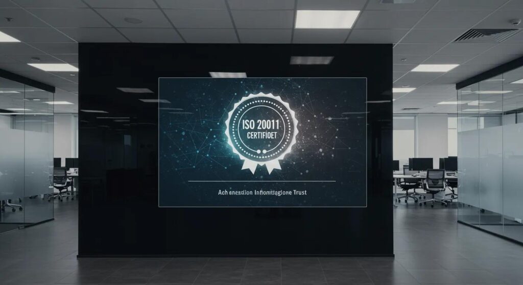 a sleek, modern office space bathed in soft, ambient lighting, showcasing an imposing digital display of the iso 27001 certification emblem, symbolising a strong commitment to information security and organisational trust.