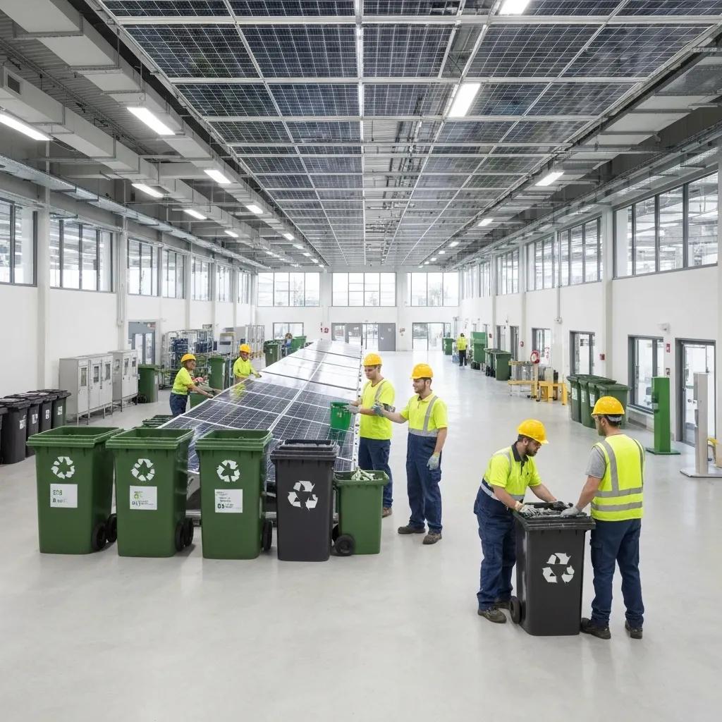 Modern manufacturing facility emphasizing ISO 14001 compliance with green initiatives and teamwork