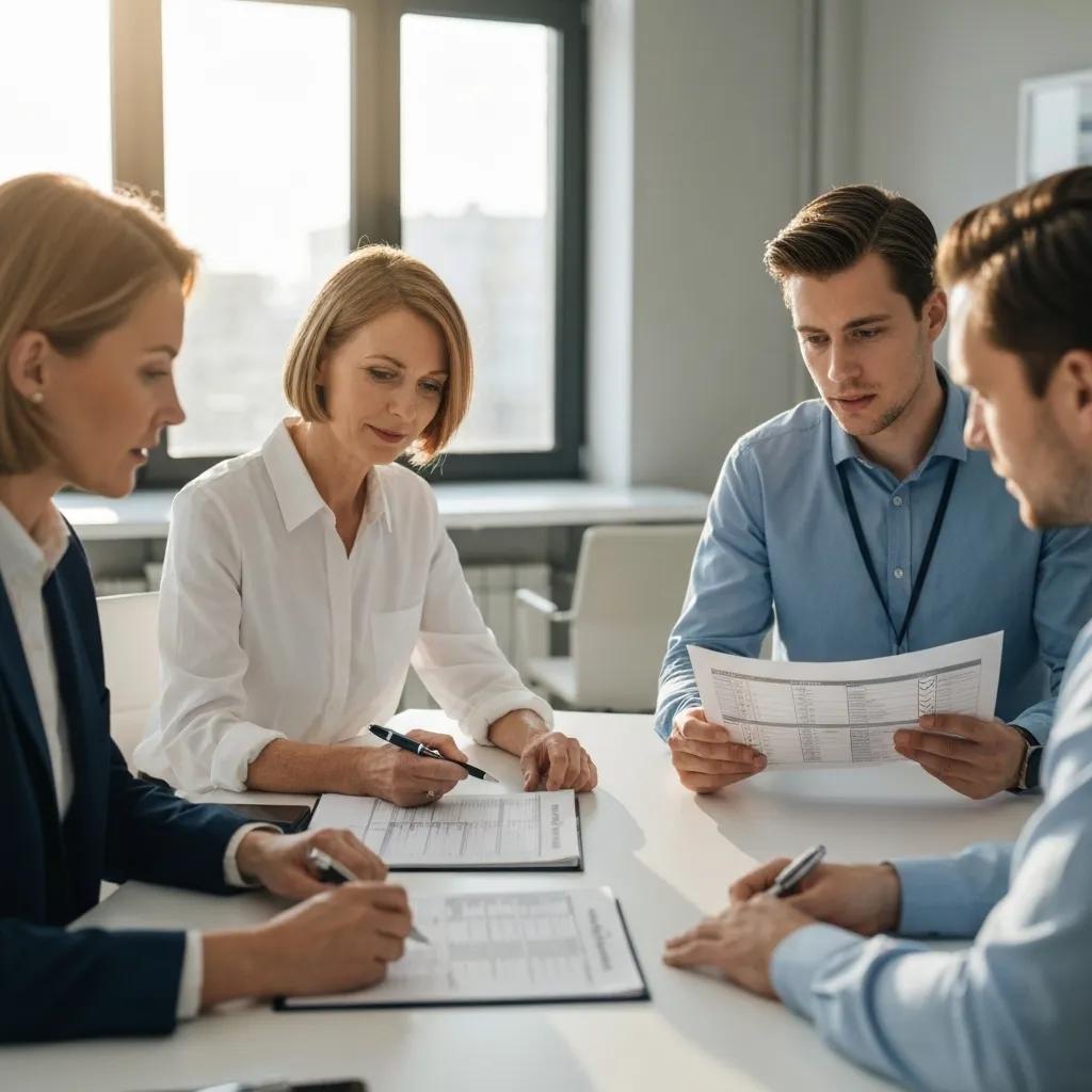 Group of professionals engaged in a meeting, reviewing documents and discussing internal audit processes related to ISO 21001 certification.