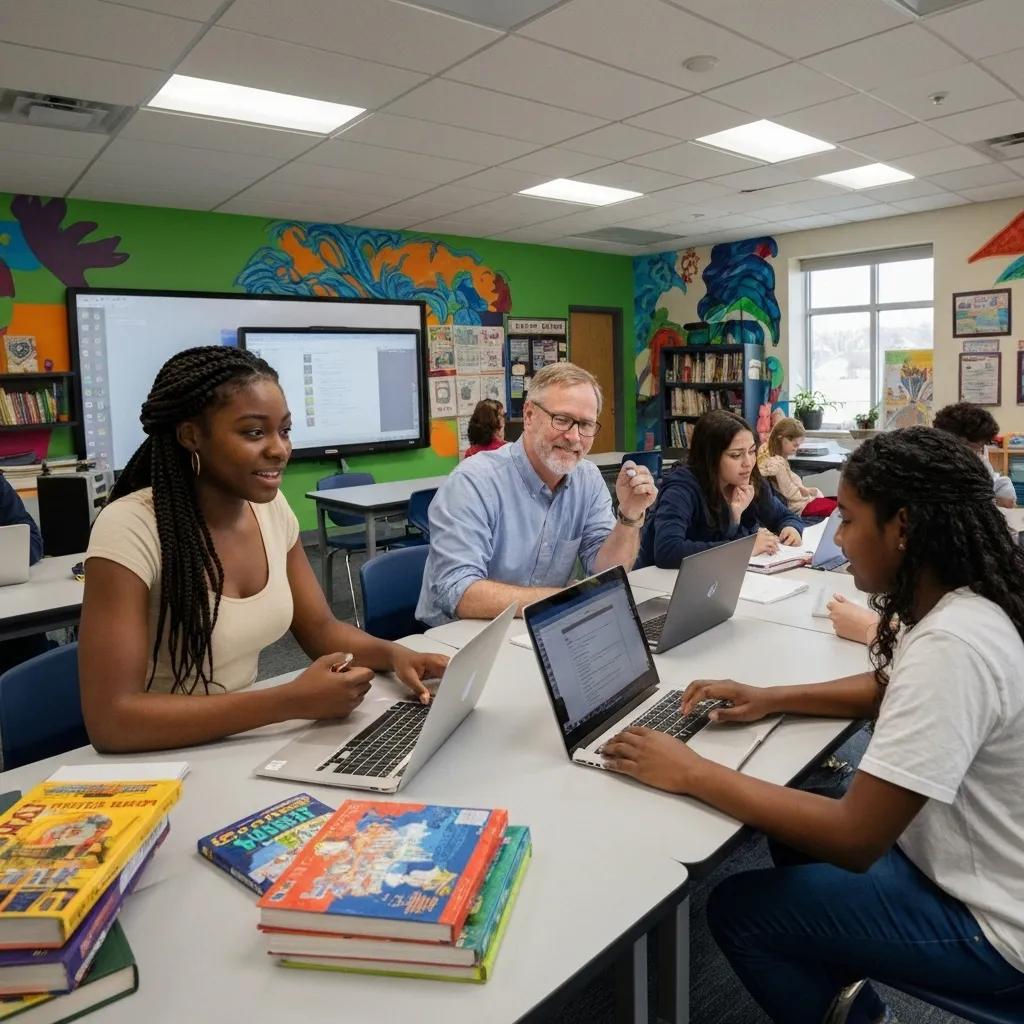 Diverse students and educators collaborating in a modern classroom, emphasizing learner-centric education