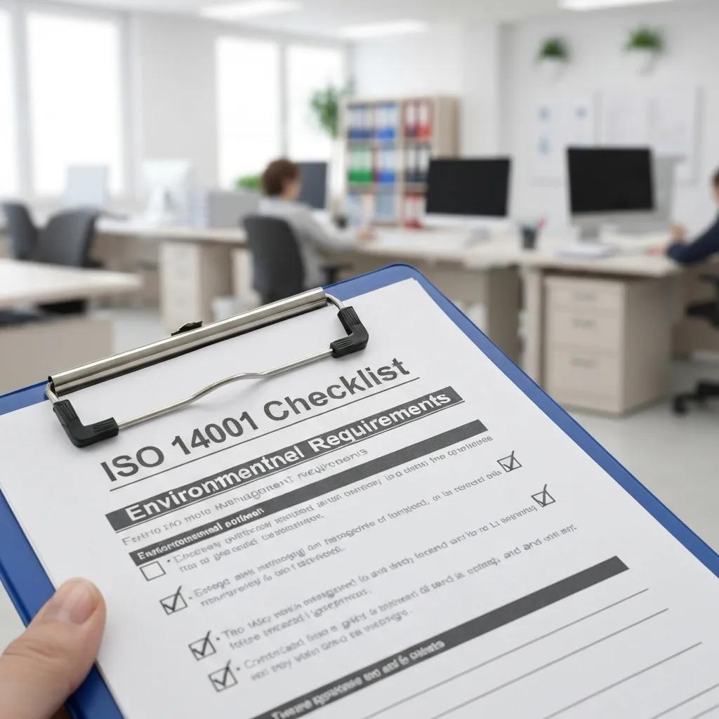 ISO 14001 checklist on clipboard highlighting environmental requirements in an office setting, supporting documentation for environmental management systems.