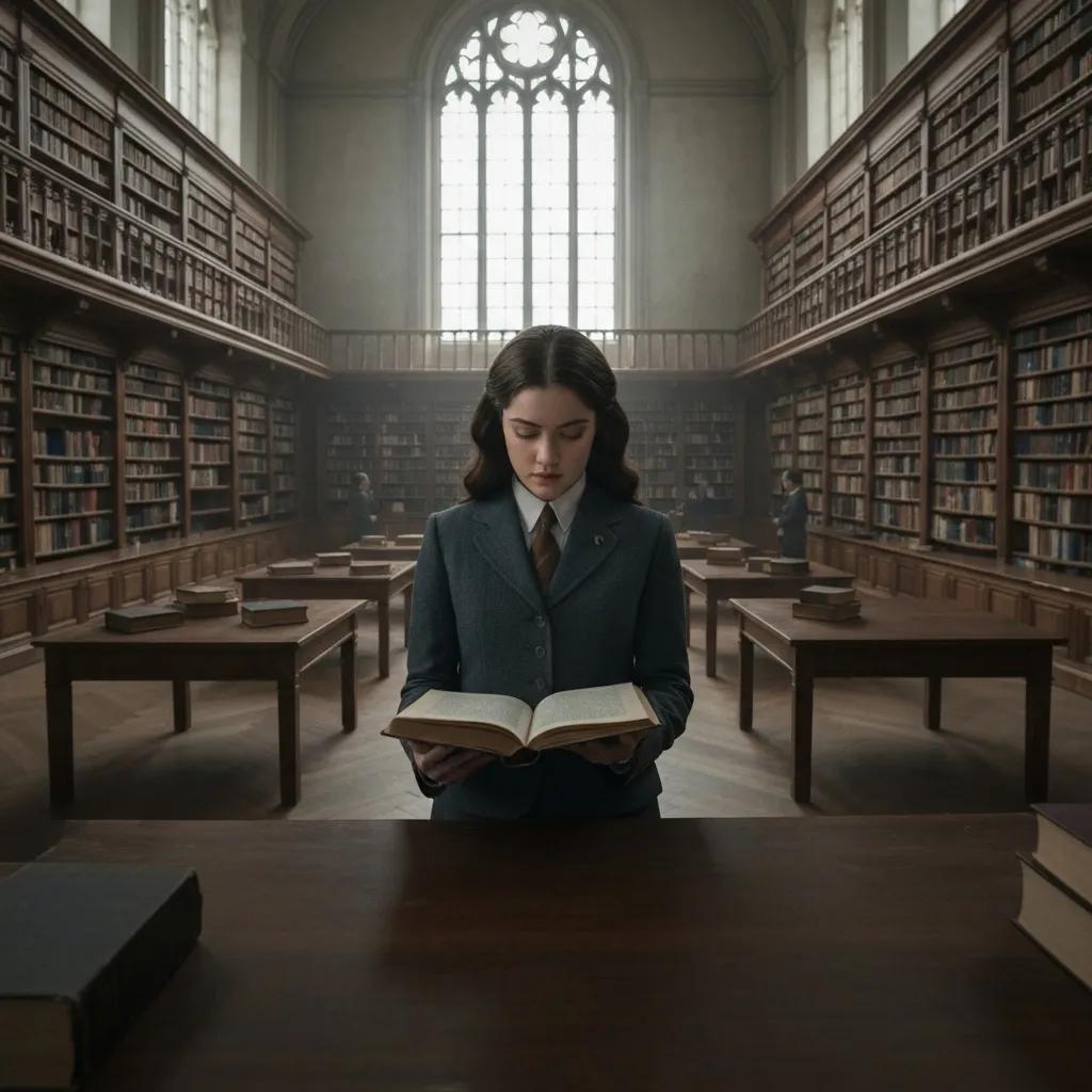 Young woman in formal attire reading a book in a grand library with tall bookshelves and large windows, illustrating the pursuit of knowledge and research in environmental management.