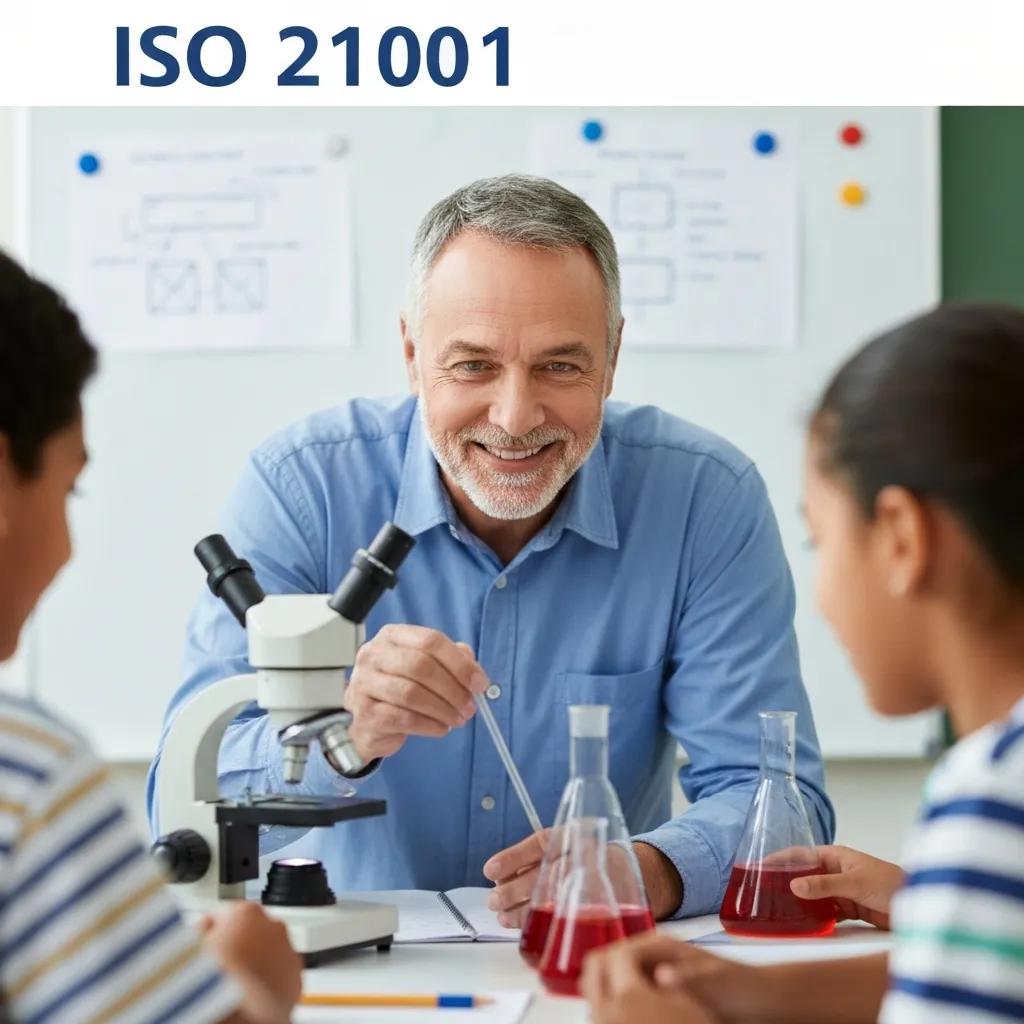 Teacher engaging with students in a hands-on learning activity, representing the core principles of ISO 21001