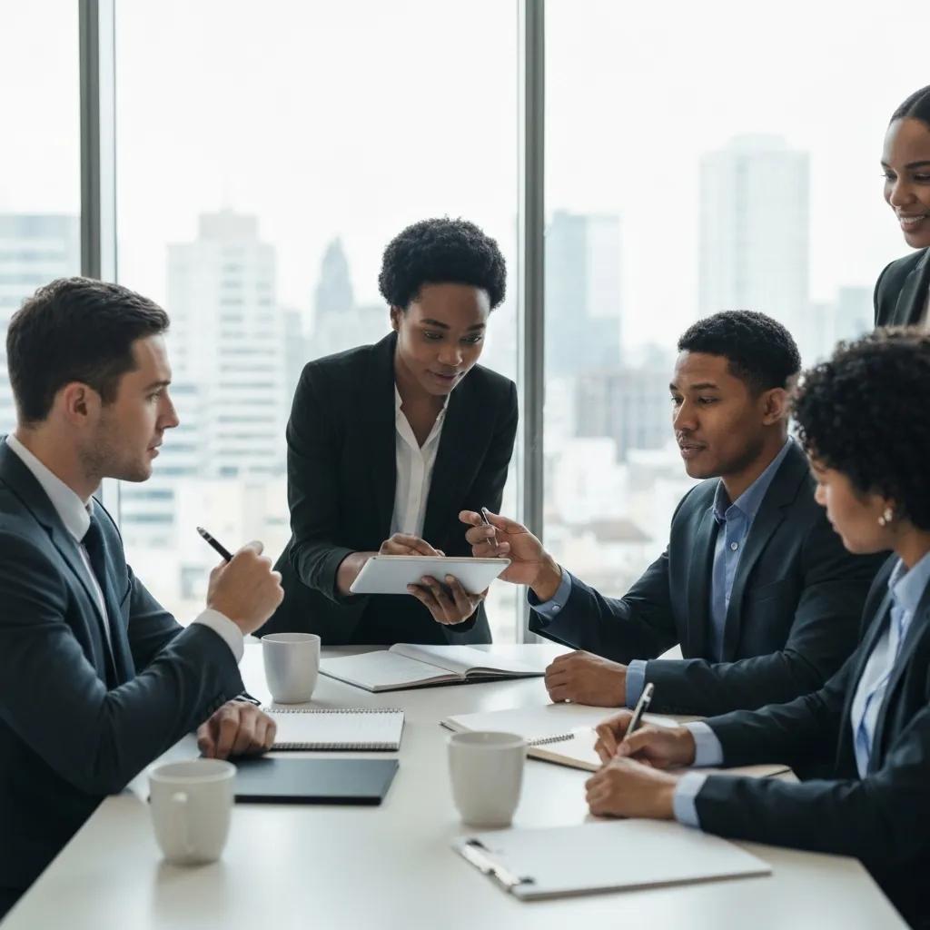 Diverse business professionals collaborating on stakeholder feedback mechanisms in a modern office setting