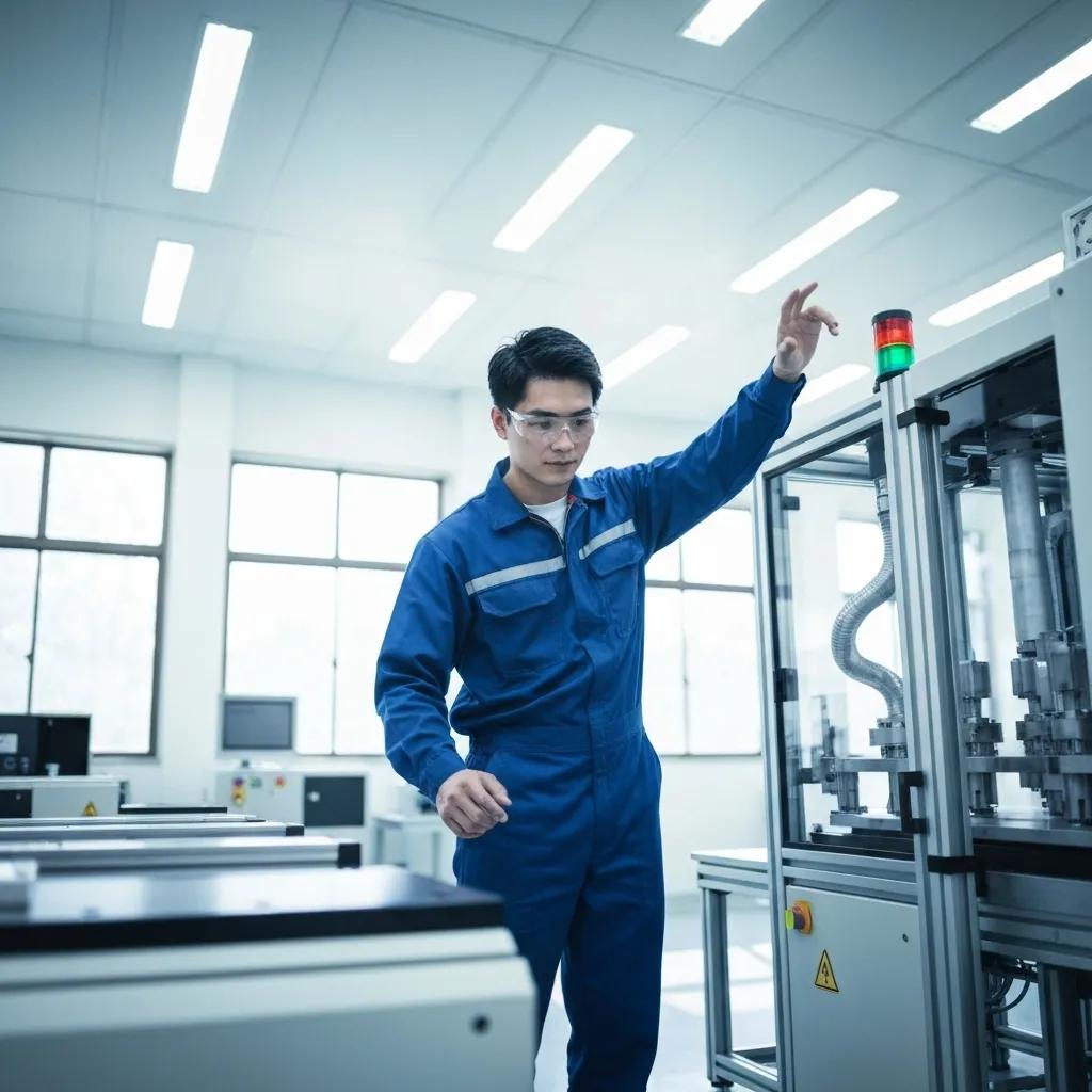 Worker in blue coveralls and safety goggles operating machinery in a modern industrial setting, illustrating energy efficiency measures and occupational safety practices related to ISO 14001 certification.