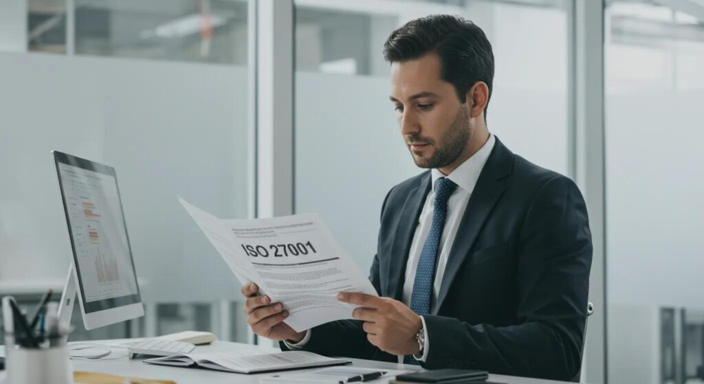 a sleek, modern office environment showcases a confident business professional reviewing iso 27001 certification materials, illuminated by soft natural light filtering through large glass windows, emphasising the theme of enhanced organisational security and risk management.