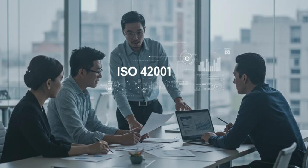 a dynamic corporate environment featuring professionals collaboratively discussing iso 42001 strategies, illuminated by soft, natural light filtering through large windows, emphasising an atmosphere of security awareness and innovative it infrastructure.