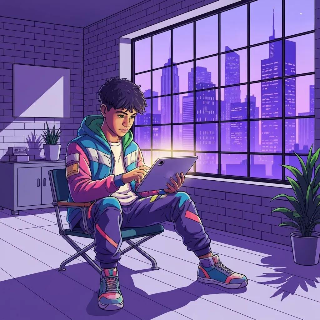 Young student using a tablet in a modern room with a city skyline view, reflecting personalized learning and engagement in education.