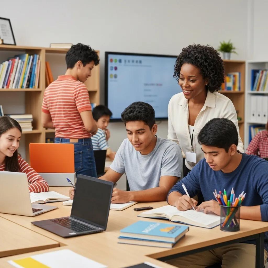 Diverse educators and students collaborating in a modern classroom, emphasizing educational standards and quality management