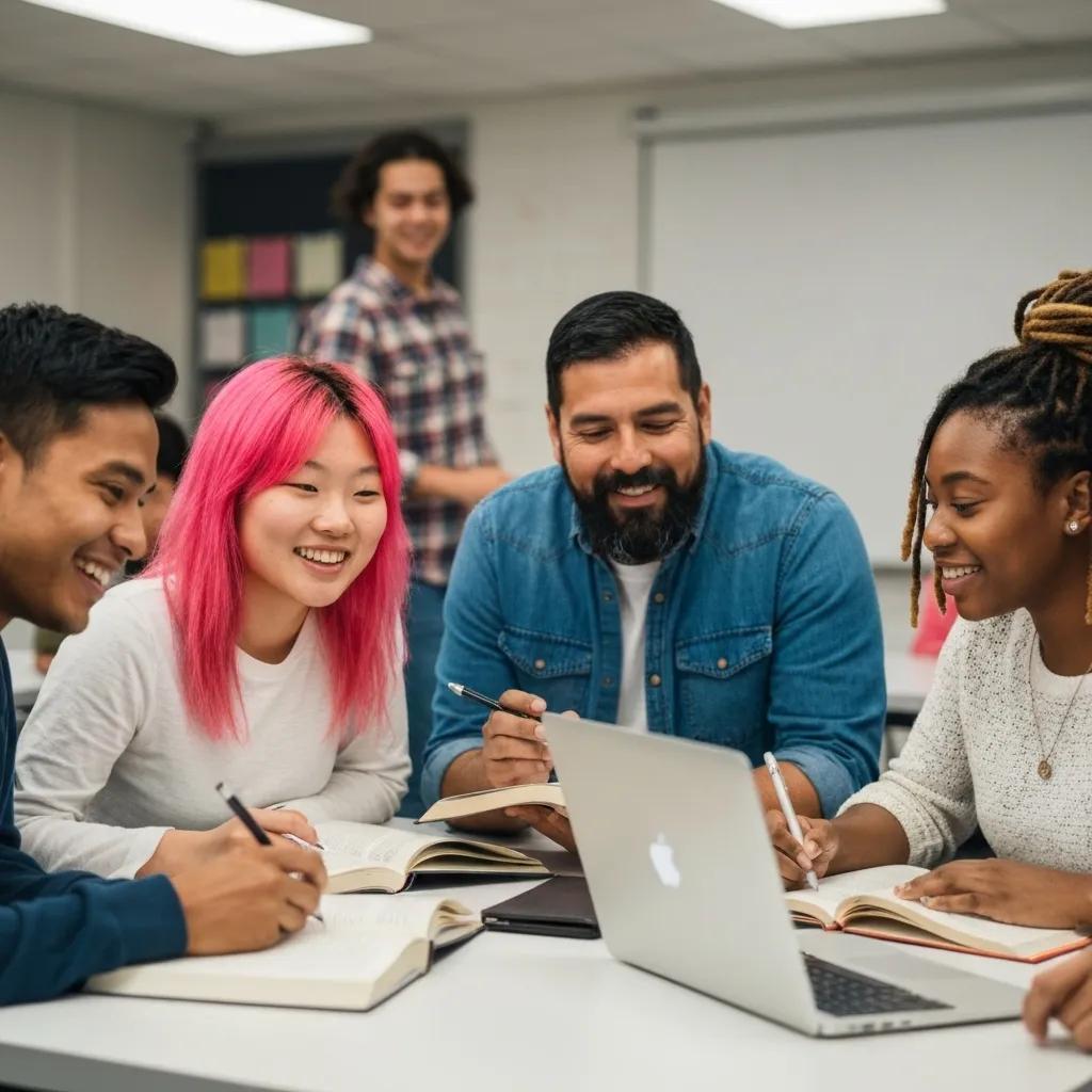 Diverse students engaged in collaborative learning in a modern classroom