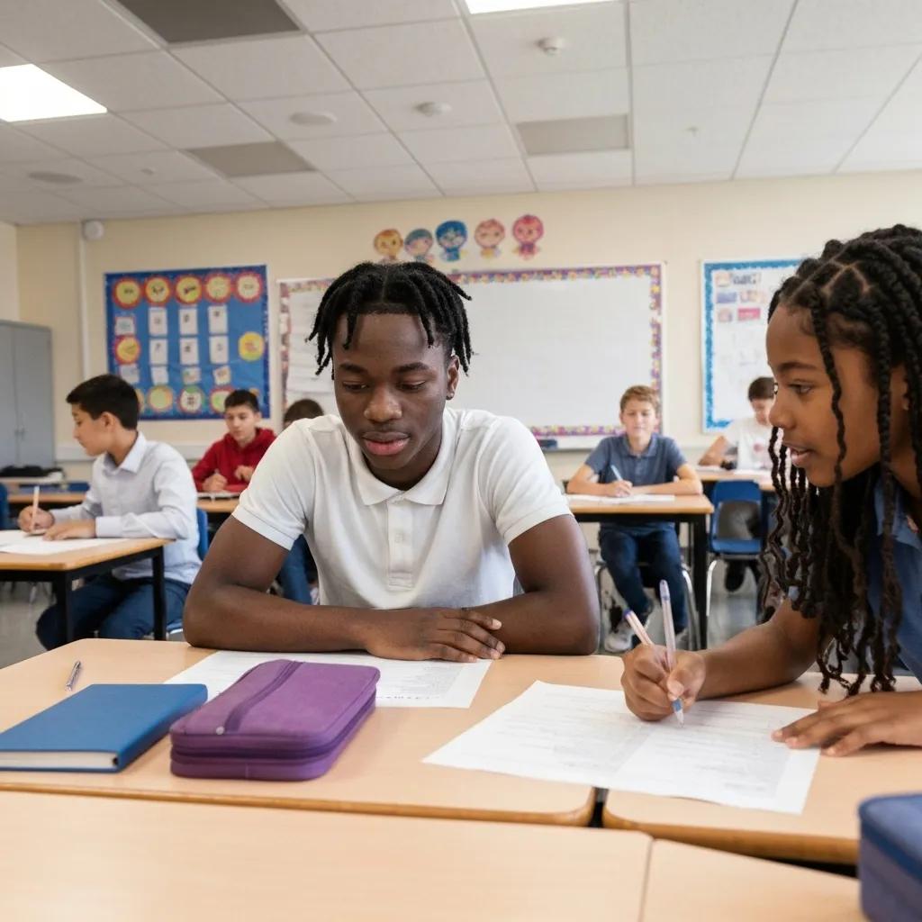 Students collaborating in a classroom, focusing on assignments, with educational materials on desks, illustrating engagement in learning environments related to ISO 21001's impact on educational improvement.