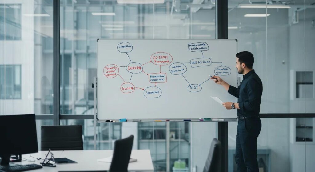 Man presenting a diagram on a whiteboard comparing ISO 27001 and NIST standards for data security certification in a modern office setting.