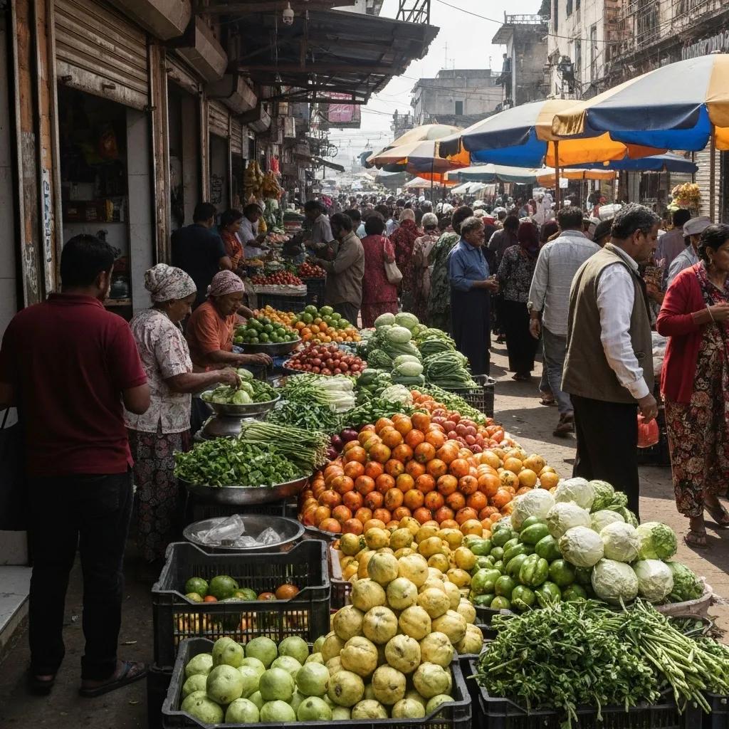 Busy marketplace scene with vendors selling a variety of fresh fruits and vegetables, including oranges, apples, and leafy greens, amidst a bustling crowd of shoppers under colorful umbrellas.