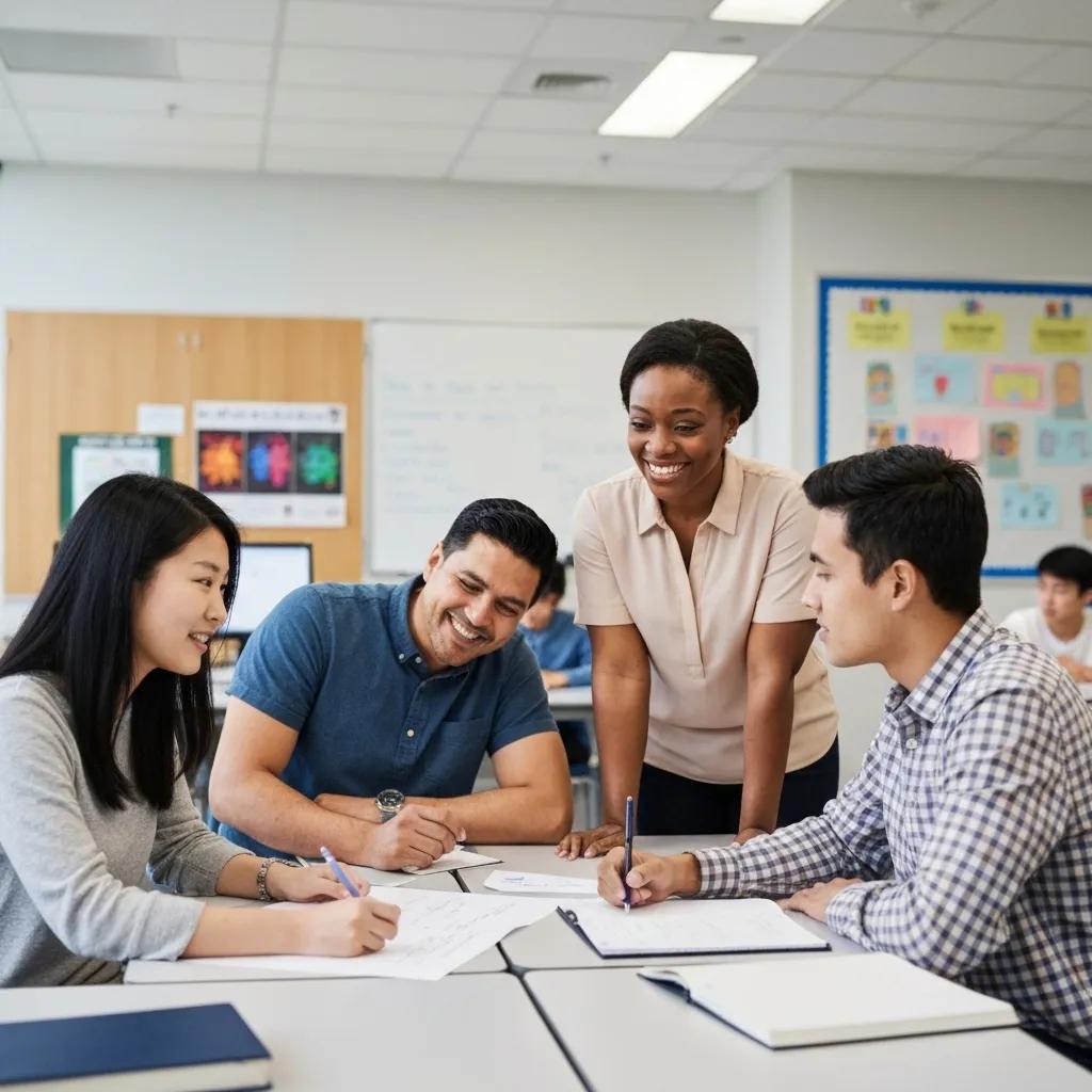 Diverse students and educators collaborating in a modern classroom, representing educational excellence and ISO 21001