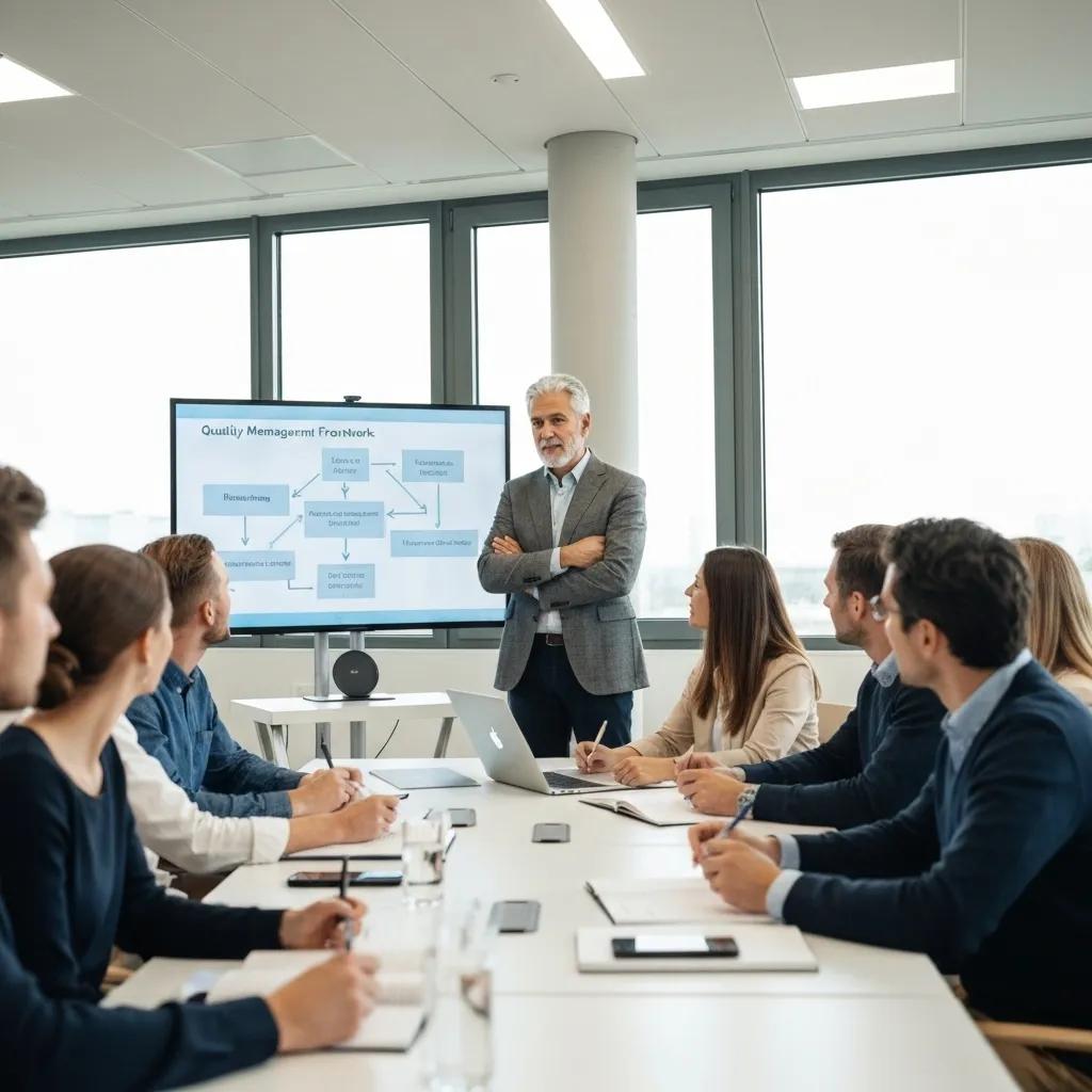 Educational leader presenting quality management framework to engaged staff, illustrating EOMS support in education