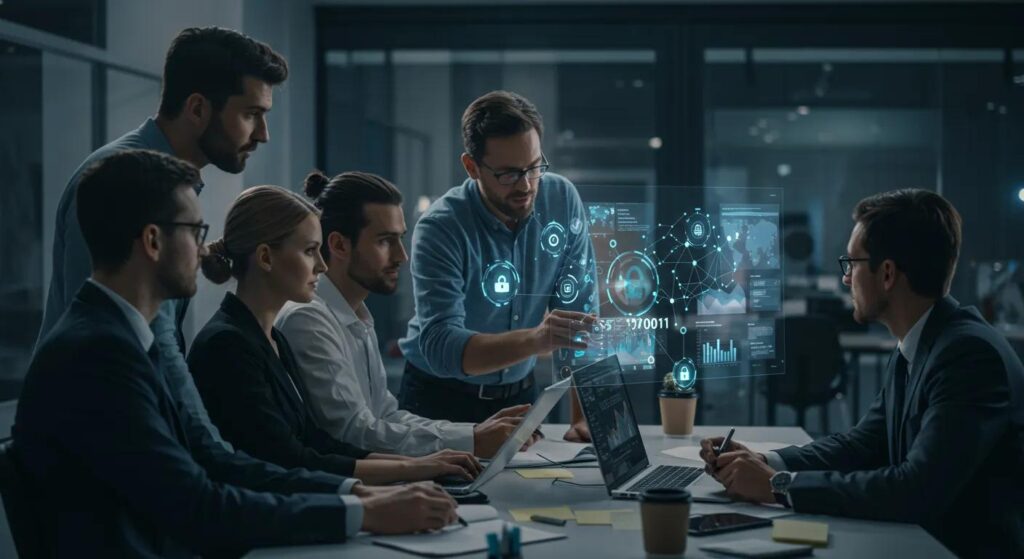 a high-contrast image of a diverse team of professionals in a modern office, intensely collaborating around a digital display, showcasing graphs and network security icons, under bright, focused lighting that emphasises their committed expressions to overcoming challenges in achieving iso 27001 certification.