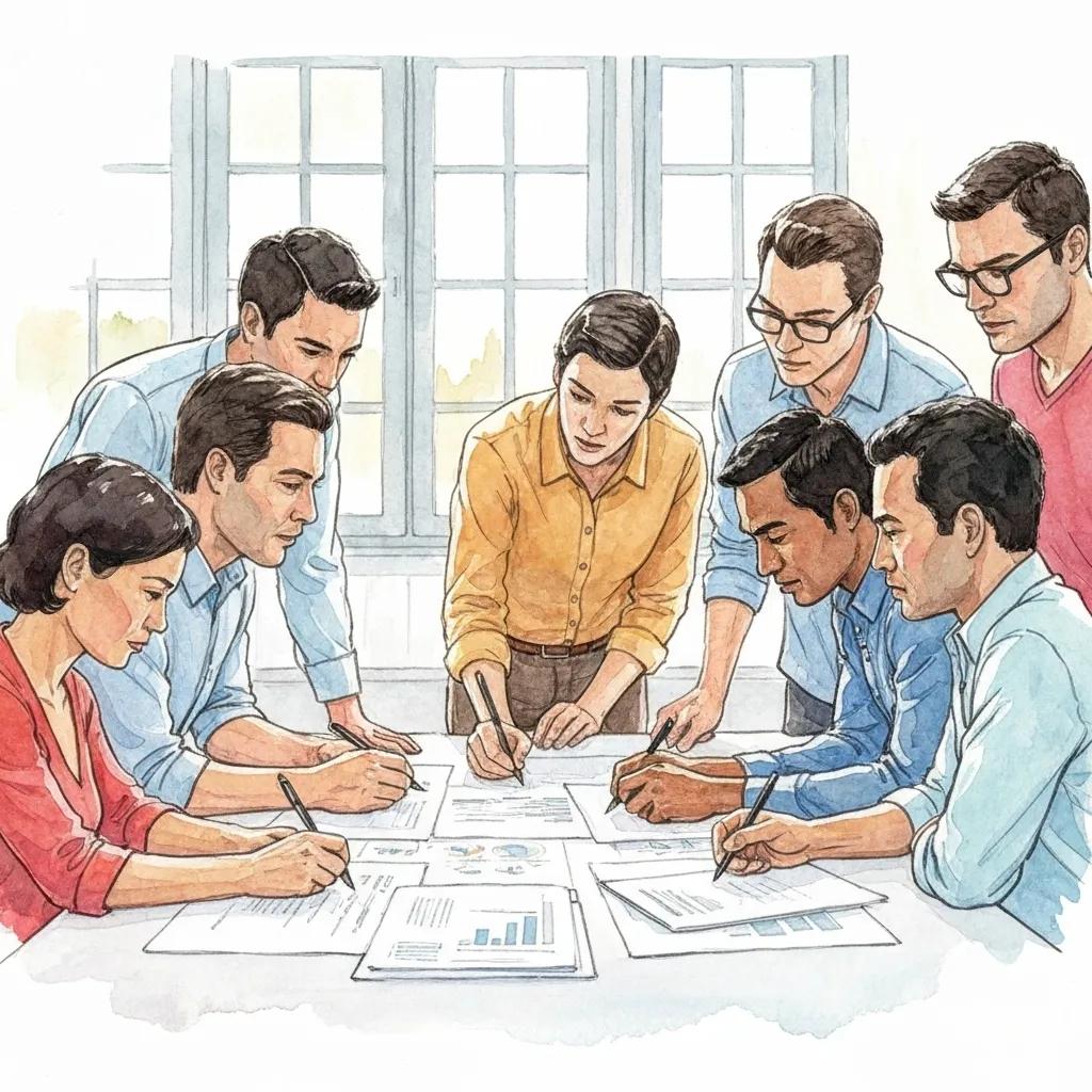 Business team brainstorming solutions to challenges in ISO 9001 certification process