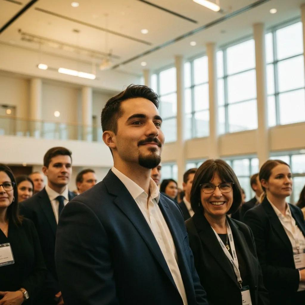 Group of professionals engaged in a conference setting, featuring a man in a suit smiling, highlighting educational leadership and stakeholder engagement themes related to ISO 21001 certification.