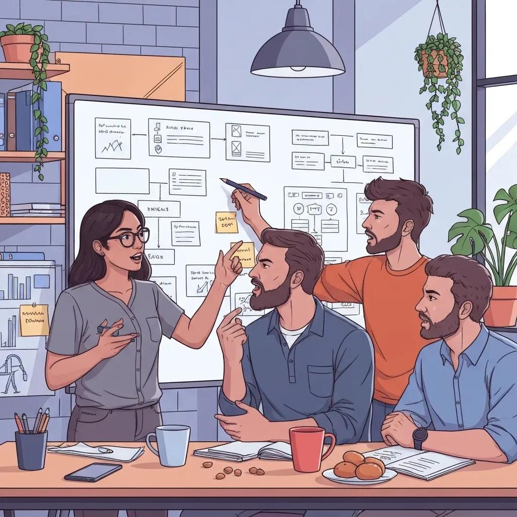 Startup team brainstorming solutions to ISO 9001 implementation challenges at a whiteboard