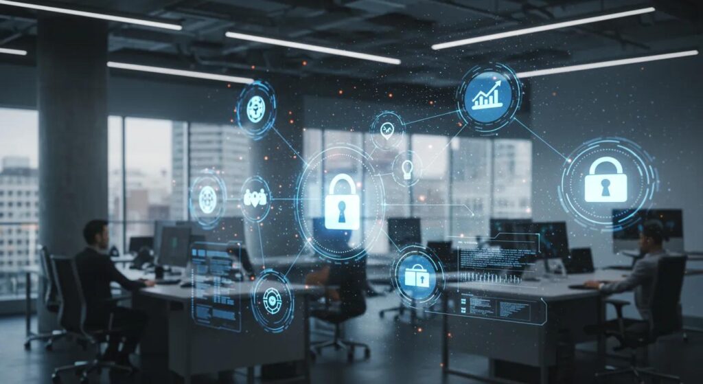Office setting with digital security icons, including padlocks and data graphs, illustrating data security practices and compliance with NIST frameworks.
