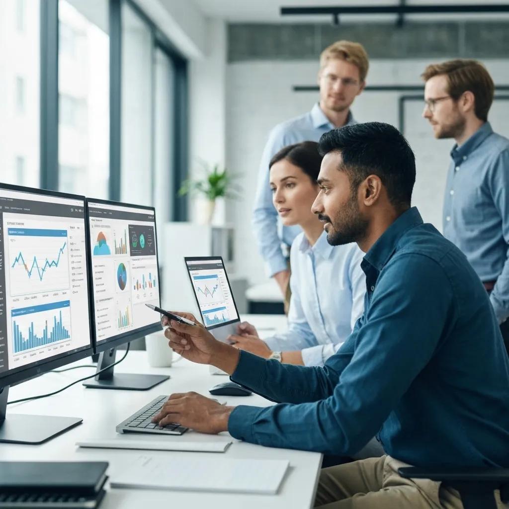Team analyzing data on multiple screens in a modern office, focusing on performance metrics and audit processes related to ISO 14001 certification.