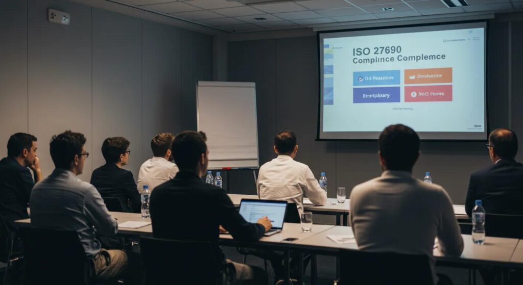 a dynamic conference setting featuring professionals attentively engaged in a presentation on iso 27090 compliance, illuminated by soft ambient lighting that emphasizes a sense of focus and collaboration.