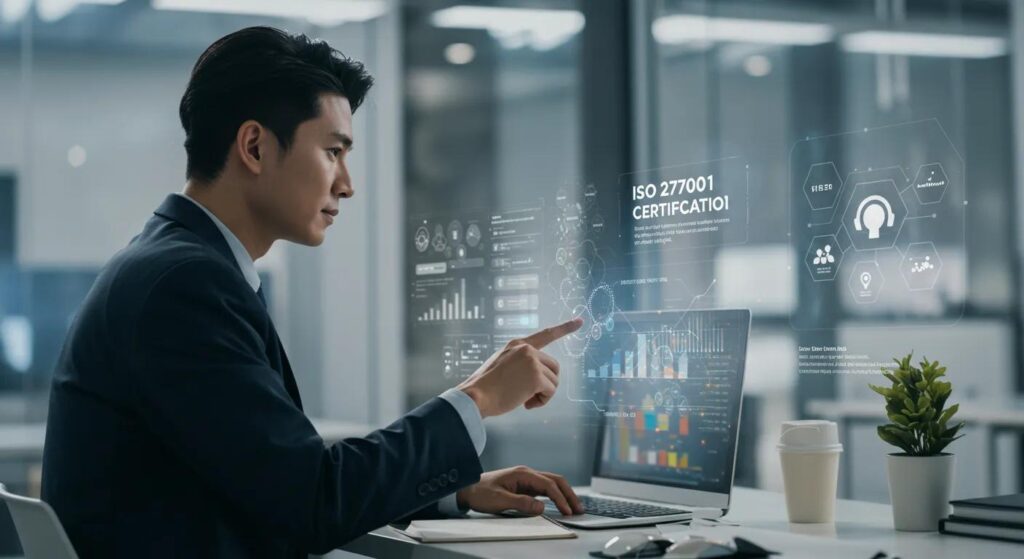 Business professional interacting with digital data display, featuring ISO 277001 certification information, graphs, and analytics, in a modern office setting.