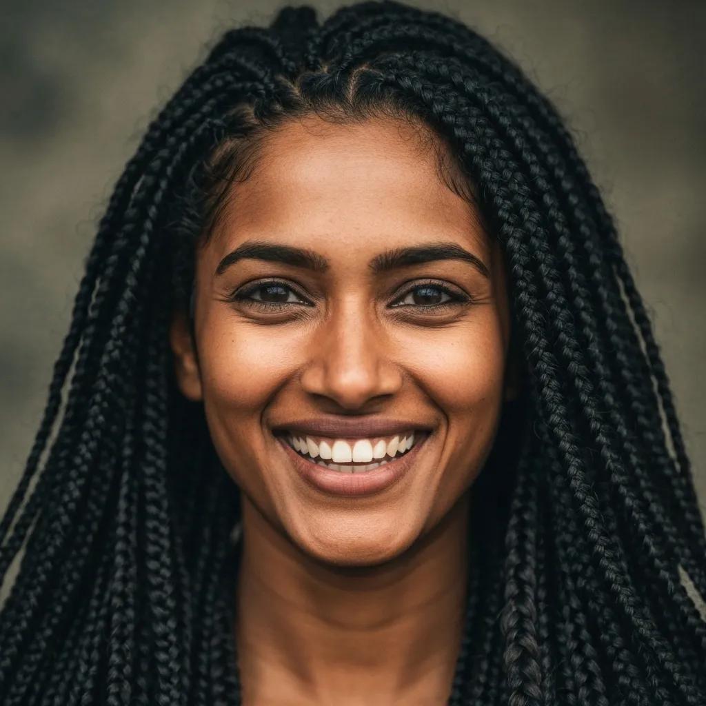 Smiling woman with braided hair representing employee engagement and environmental advocacy in a workplace context.