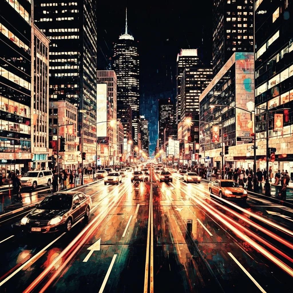 City street at night with illuminated skyscrapers, traffic, and pedestrians, reflecting urban life and engagement in a bustling environment.