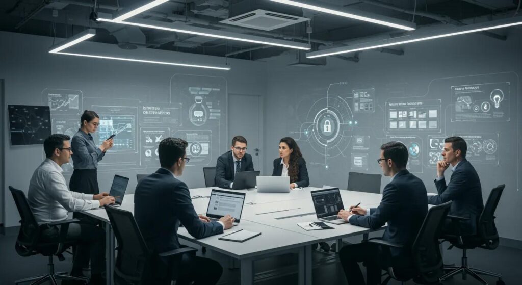 Business meeting focused on ISO 27090 documentation, featuring professionals discussing cybersecurity strategies, with digital data visualizations on a screen.