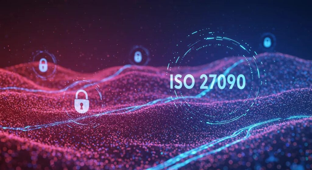 Abstract digital landscape with glowing waves, featuring "ISO 27090" text and padlock icons, representing data security and compliance in ISO documentation.