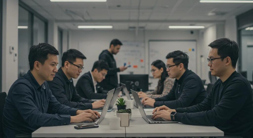 a dynamic office environment showcases a diverse team collaborating around sleek laptops, illuminated by natural light, emphasising a culture of productivity and robust information security practices fostered by iso 27001.