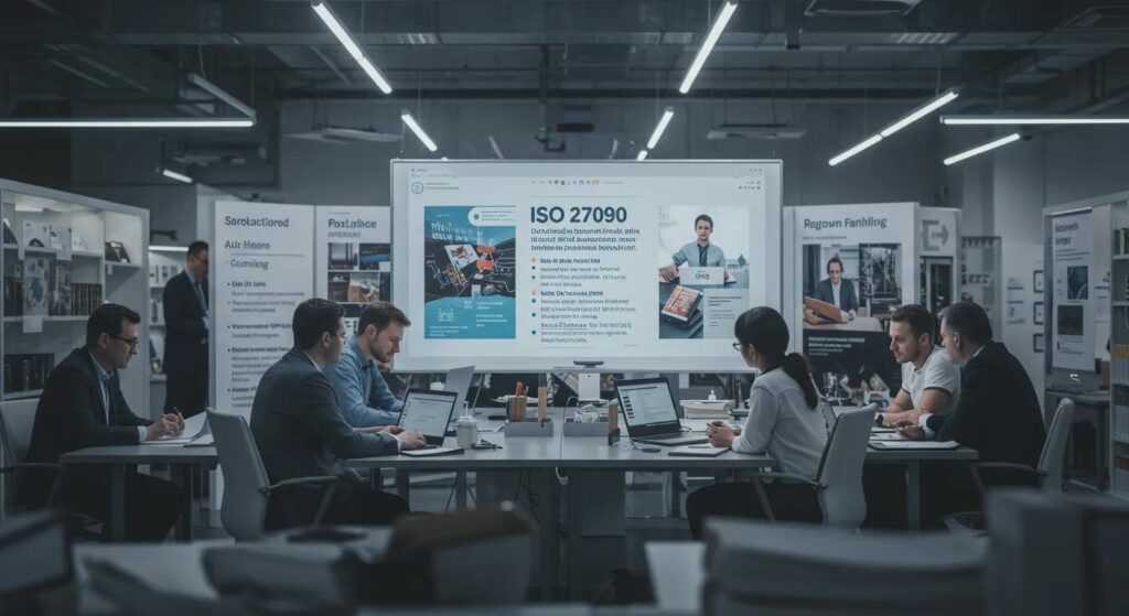 Group of professionals in a modern meeting room discussing ISO 27090 standards, with a large screen displaying information and resources related to data protection and security protocols.