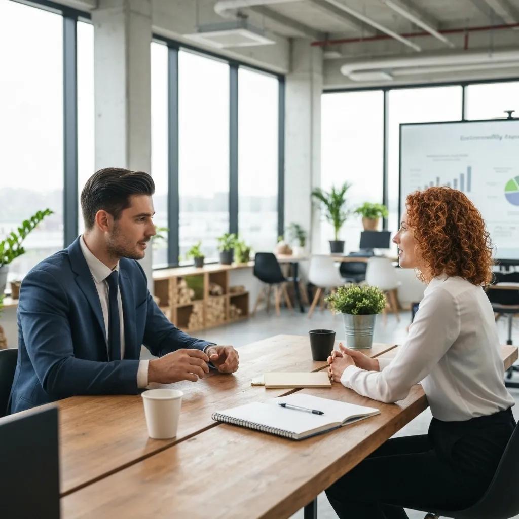 Business leaders discussing ISO 14001 environmental management strategies in a modern office