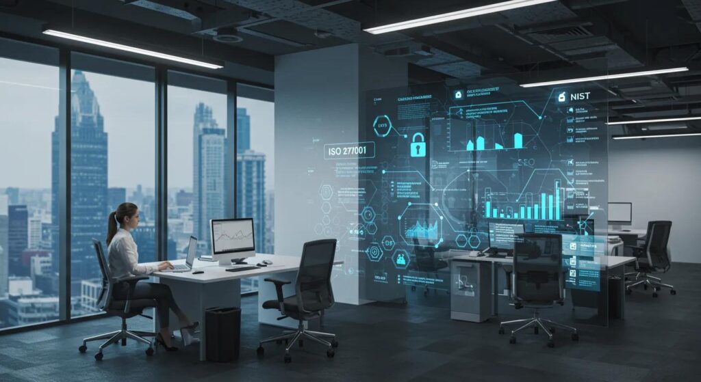 Woman working at a desk in a modern office, with digital displays showing ISO 27001 and NIST data security frameworks, emphasizing data protection and risk management concepts.