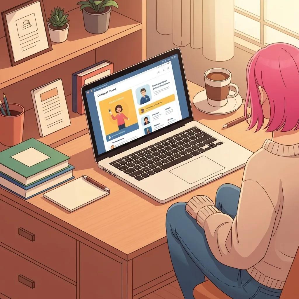 A virtual learning environment with a laptop and educational materials, highlighting ISO 21001 application in digital learning