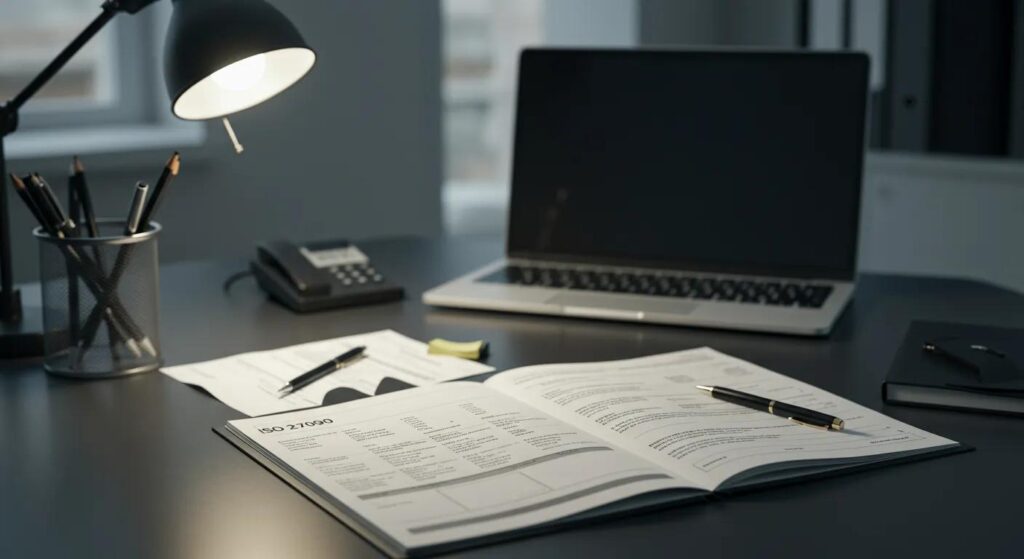 Desk with open ISO 27090 documentation, laptop, desk lamp, stationery, and telephone, illustrating information security management and compliance practices.