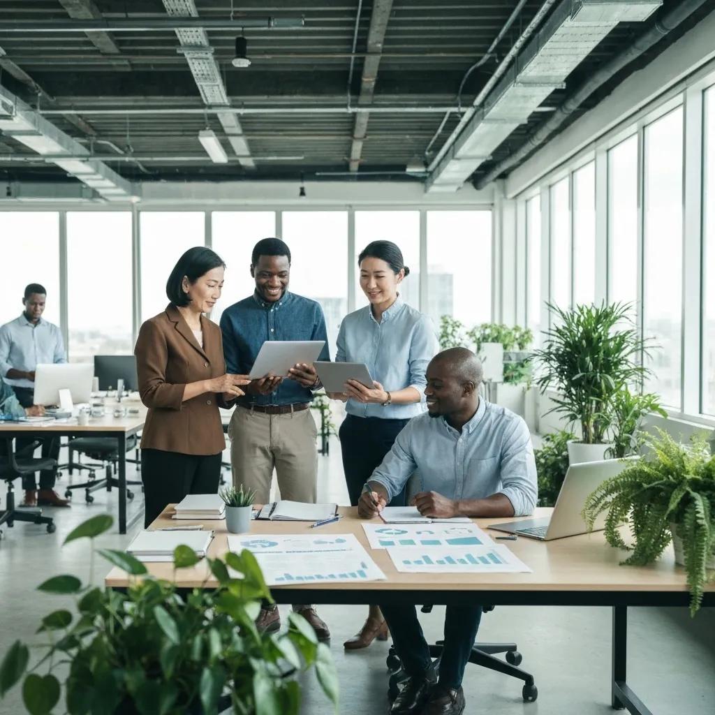 Diverse professionals collaborating on environmental management strategies in a modern office
