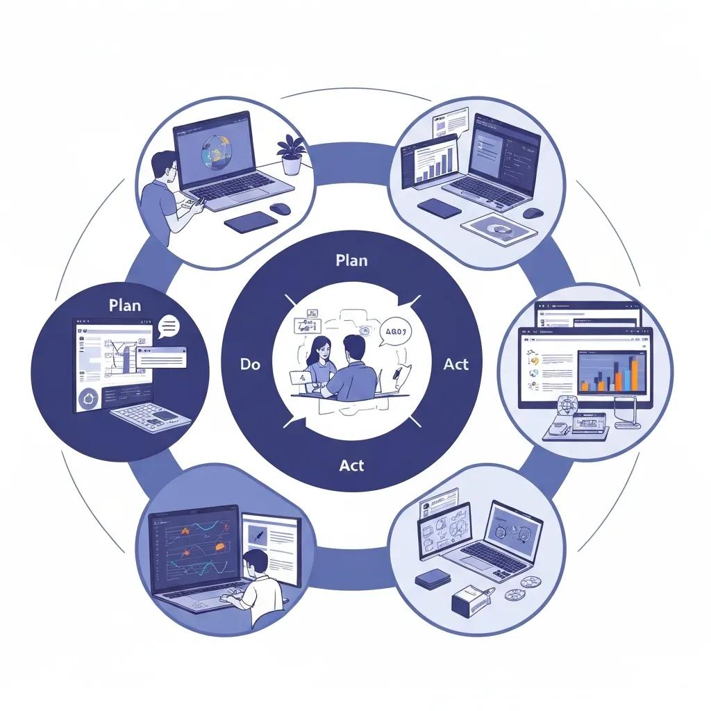 Visual representation of the Plan-Do-Check-Act cycle, highlighting core principles of ISO 14001