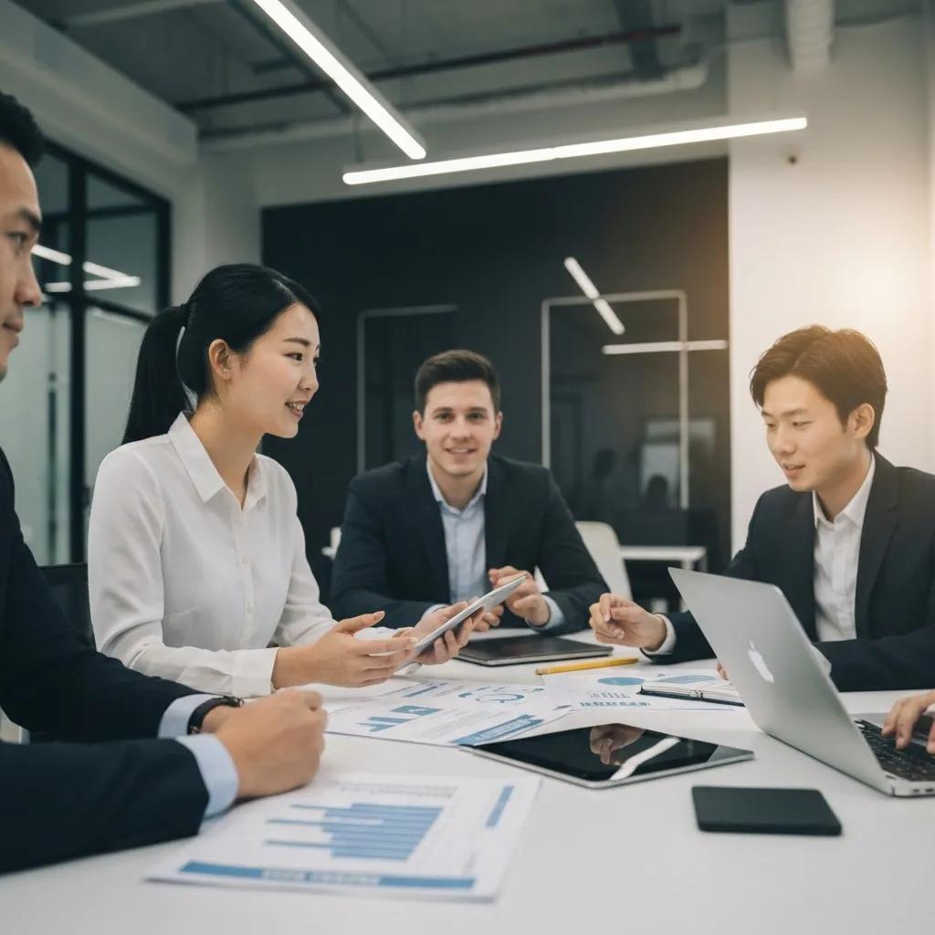 Group of professionals in a modern office meeting discussing strategies for ISO 9001 certification, with documents and digital devices on the table.