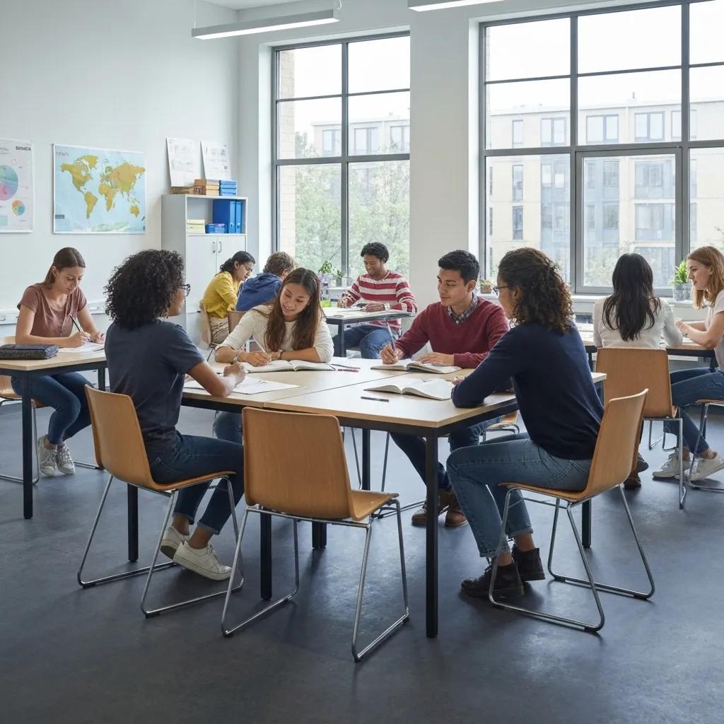 Students collaborating in a classroom setting, engaged in group study and discussion, emphasizing learner-centered processes in education related to ISO 21001 principles.