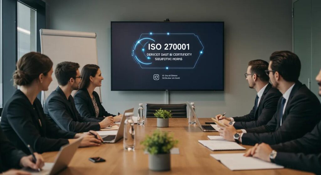 a dynamic boardroom filled with engaged professionals discussing strategies, highlighted by a large screen displaying the iso 27001 certification logo, emphasising corporate commitment to data security and cyber resilience.