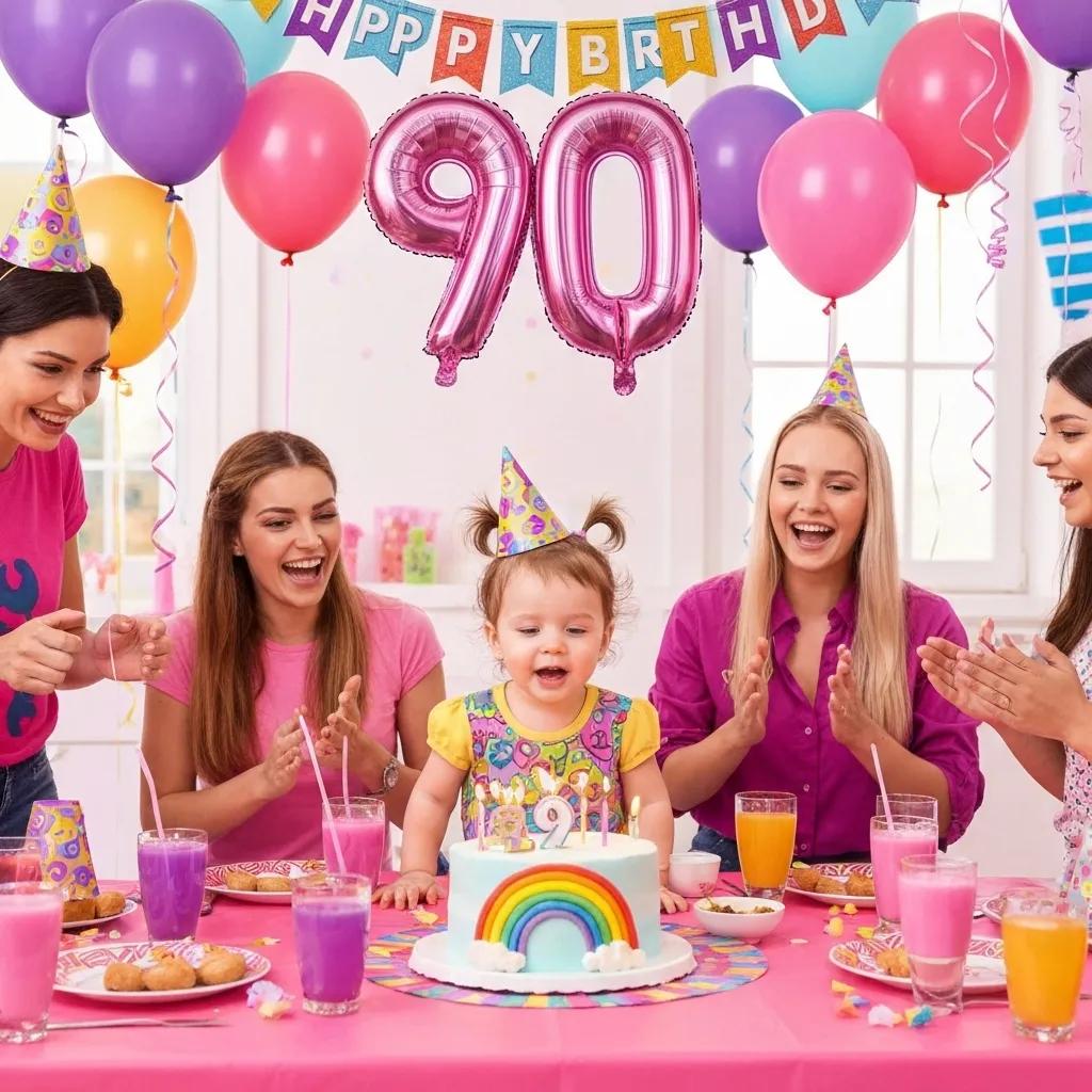 Birthday celebration with a joyful toddler at a colorful table, surrounded by four smiling women, festive balloons, and a cake adorned with a rainbow and "90" candles, emphasizing a vibrant atmosphere.